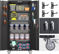 Garage Storage Cabinet with Wheels & Pegboard, 72" H Locking Metal Storage Cabinet with Doors and 4 Adjustable Shelves for Garage Workshop Home, Assembly Required, Black