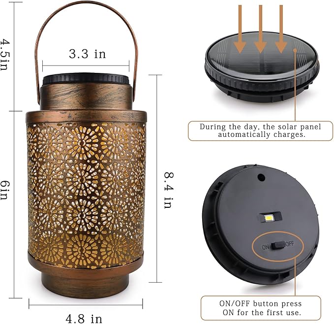2 Pack Solar Lanterns Outdoor Waterproof, Hanging Led Lantern Garden Decorative, Metal Decorative Garden Lights, Solar Outdoor Lights Decor for Table Patio Garden Yard Pathway, Bronze, T00012