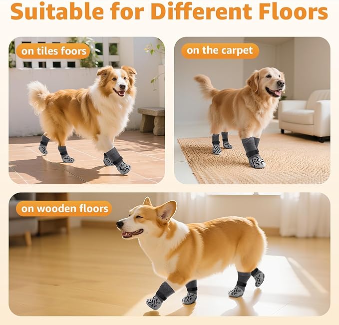 Double Sides Non-Slip Dog Socks to Prevent Licking Paws - Strong Traction for Hardwood Floors, Senior Dogs, Paw Protector, Dog Socks with Grippers - Size Large