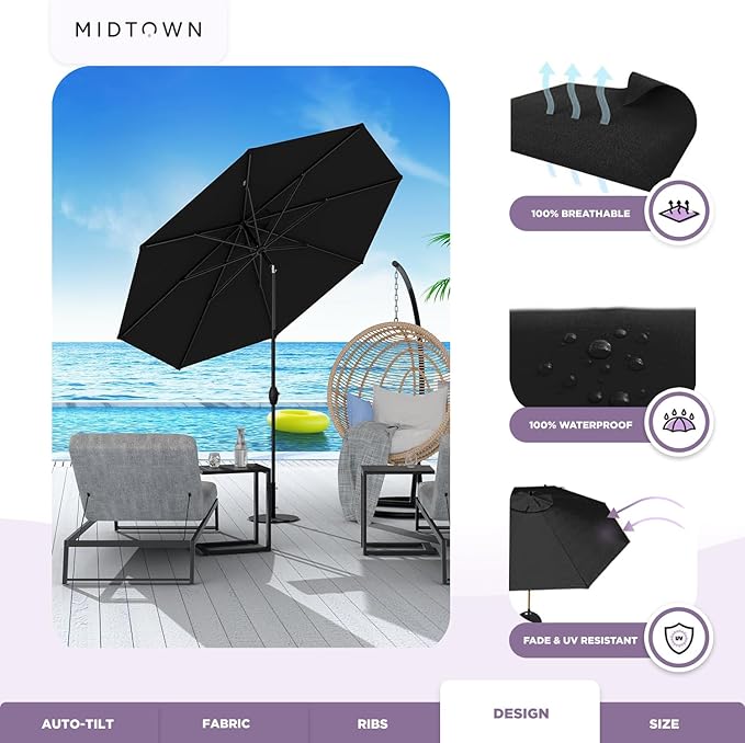 Midtown Umbrellas 10-Year-No-Fade - 9 Ft - UV Proof Ebony Black Polyester Fabric - Umbrella Outdoor Patio, Auto-Tilt Aluminum Frame Patio Umbrella for Garden, Pool & Deck - Black Pole