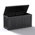 DRATO 75 Gallon Deck Box, Waterproof Resin Large Outdoor Storgae Box for Patio Furniture, Patio Cushions, Gardening Tools, Pool and Sports Supplies, Lockable