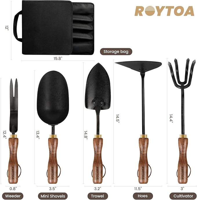 Garden Tool Set,5Pcs Gardening Tools,Stainless Steel Heavy Duty Hand Cultivator, Hoes，Shovel, Trowel and Weeder with Ergonomics Walnut Handle，Gardening Gifts for Women