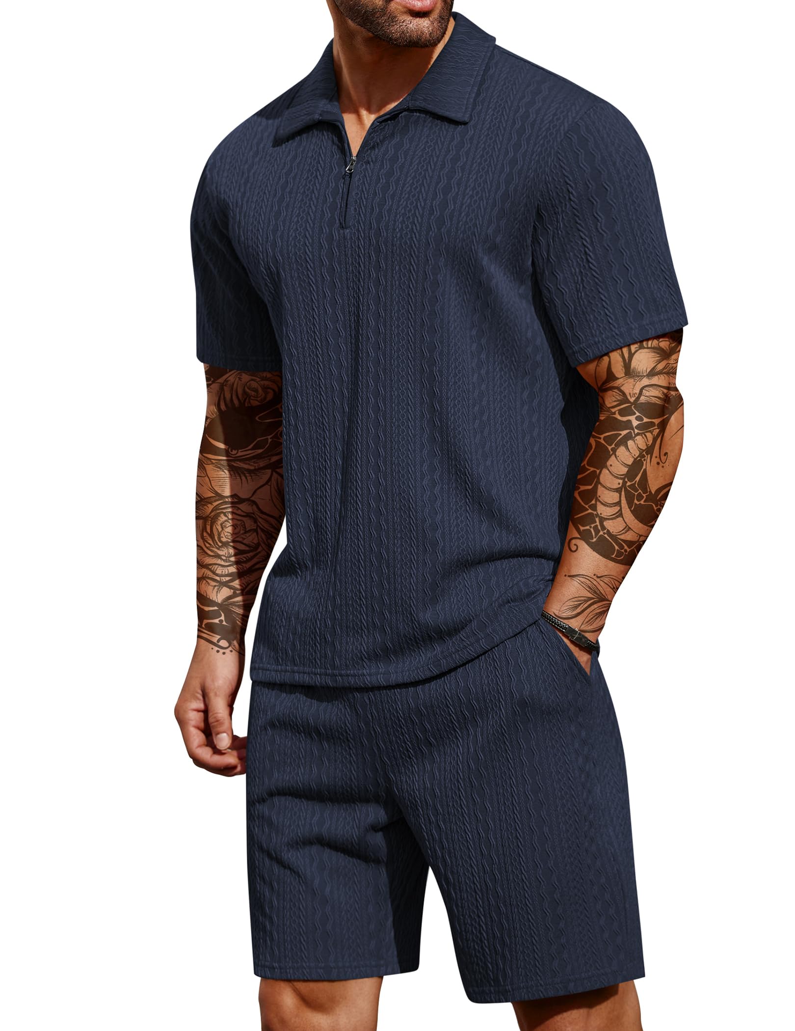 COOFANDY Men's 2 Pieces Outfits Casual Quarter Zip Polo Shirt and Shorts Set Athletic Jogging Summer Tracksuit