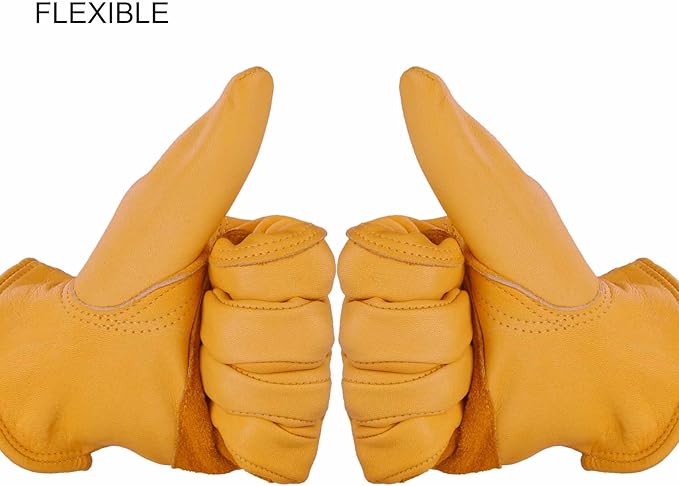 OZERO Leather Work Gloves Flex Grip Stretchable Tough Cowhide Work Gloves 1 Pair (Gold, Medium)