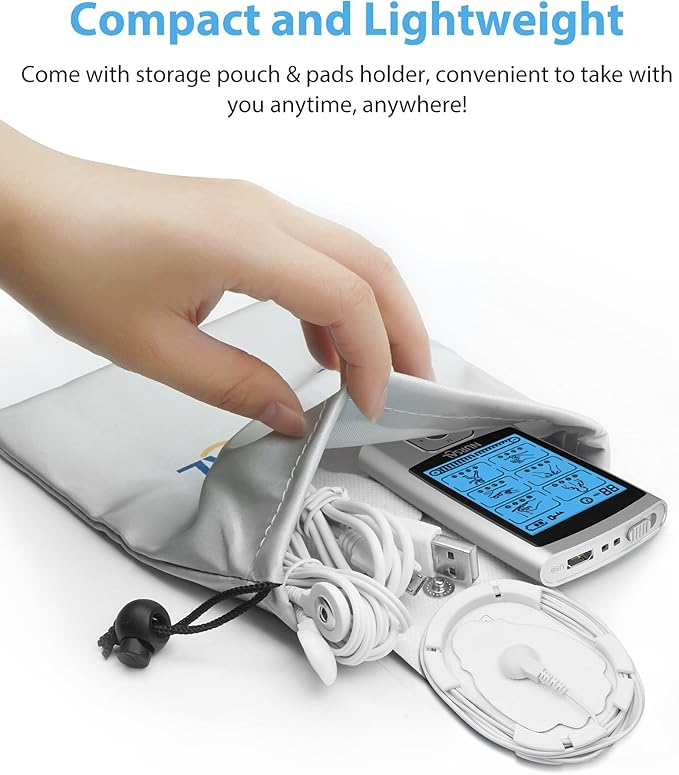 NURSAL 24 Modes TENS Unit Muscle Stimulator with Continuous Stimulation, Rechargeable Electronic Pulse Massager with 8 Pads for Back and Shoulder Pain Relief and Muscle Strength (Silver)