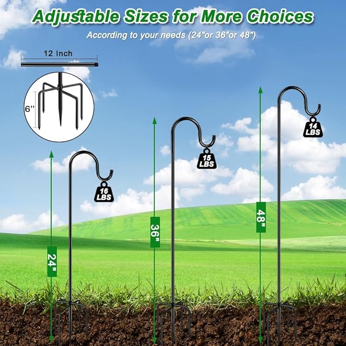 36 Inch Shepherds Hooks for Outdoor, Heavy Duty Bird Feeder Pole with 5 Prong Bases, Garden Hanging Stake for Bird Feeder, Solar Light, Plant Hanger, Wedding Decor, Metal Hanger Hooks, Black, 2 Packs