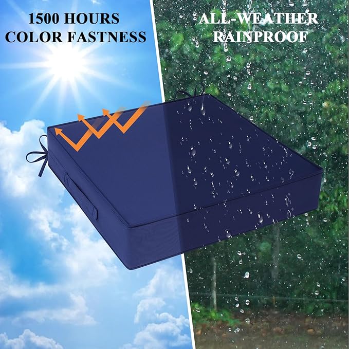 Outdoor Chair Cushions Set of 2 for Patio Furniture 19x19x4 Inch Waterproof Patio Chair Cushion 3 Year Color Fastness Square Elastic Foam Garden Sofa Couch Pads with Ties and Handle,Blue