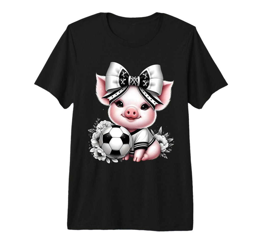 Pig Black White Soccer Coquette Bow T-Shirt - Casual Everyday Wear Unisex
