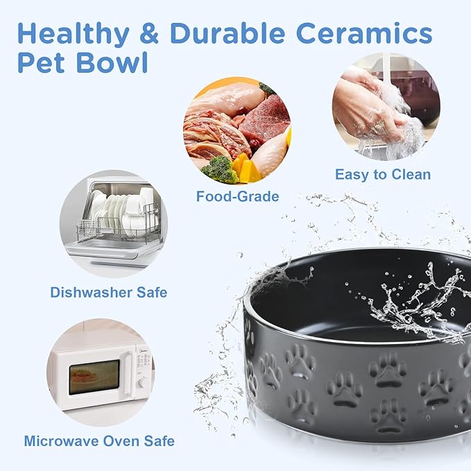 SPUNKYJUNKY Ceramic Dog Bowls 2 Pack, 8.3'' Dog Food Water Double Feeding Bowls Non-Slip for Medium to Large Sized Breed Microwave Dishwasher Safe - 60 OZ, 2pcs, Paw Black