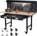 60-Inch Garage Workbench with Wheels, Adjustable Rubber Wood Top Garage Workbench with Pegboard & Drawer & Power Outlet, 2000 lbs Load Capacity, for Workshop, Woodworking, Office