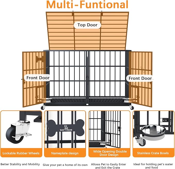 aboxoo 42/48 inch Heavy Duty Metal Dog Crate for 2 Dogs/Large Dog,All Metal Open Top Stackable,Dog Kennel Indoor with Wheels,Floor Grid, Tray, Divider and Feeding Bowl