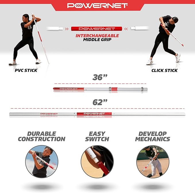 PowerNet Combo PVC/Click Stick Softball & Baseball Swing Trainer, Interchangeable Baseball Hitting Trainer, PVC Training Bat for Drills, Bat Speed Training Equipment