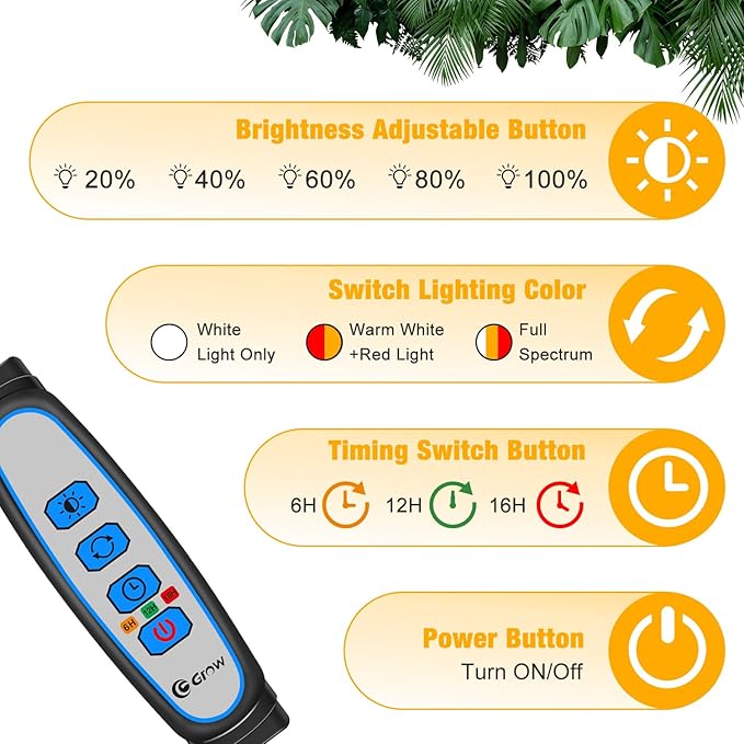 wolezek Grow Lights for Indoor Plants Full Spectrum, LED Grow Light with Adjustable Stand and Sturdy Clip, 5-Heads Plant Grow Lights Indoor with Auto 6/12/16H Timer, 3 Light Modes, 5 Levels Dimmable