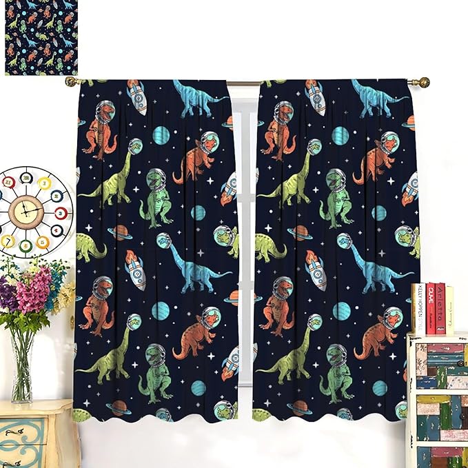 Cartoon Dinosaur Curtains for Kids Boys Girls Home Decor, Astronaut Rocket Funny Outer Space Blackout Rod Pocket Window Drapes for Bedroom Living Room W36xL63in 2 Panels