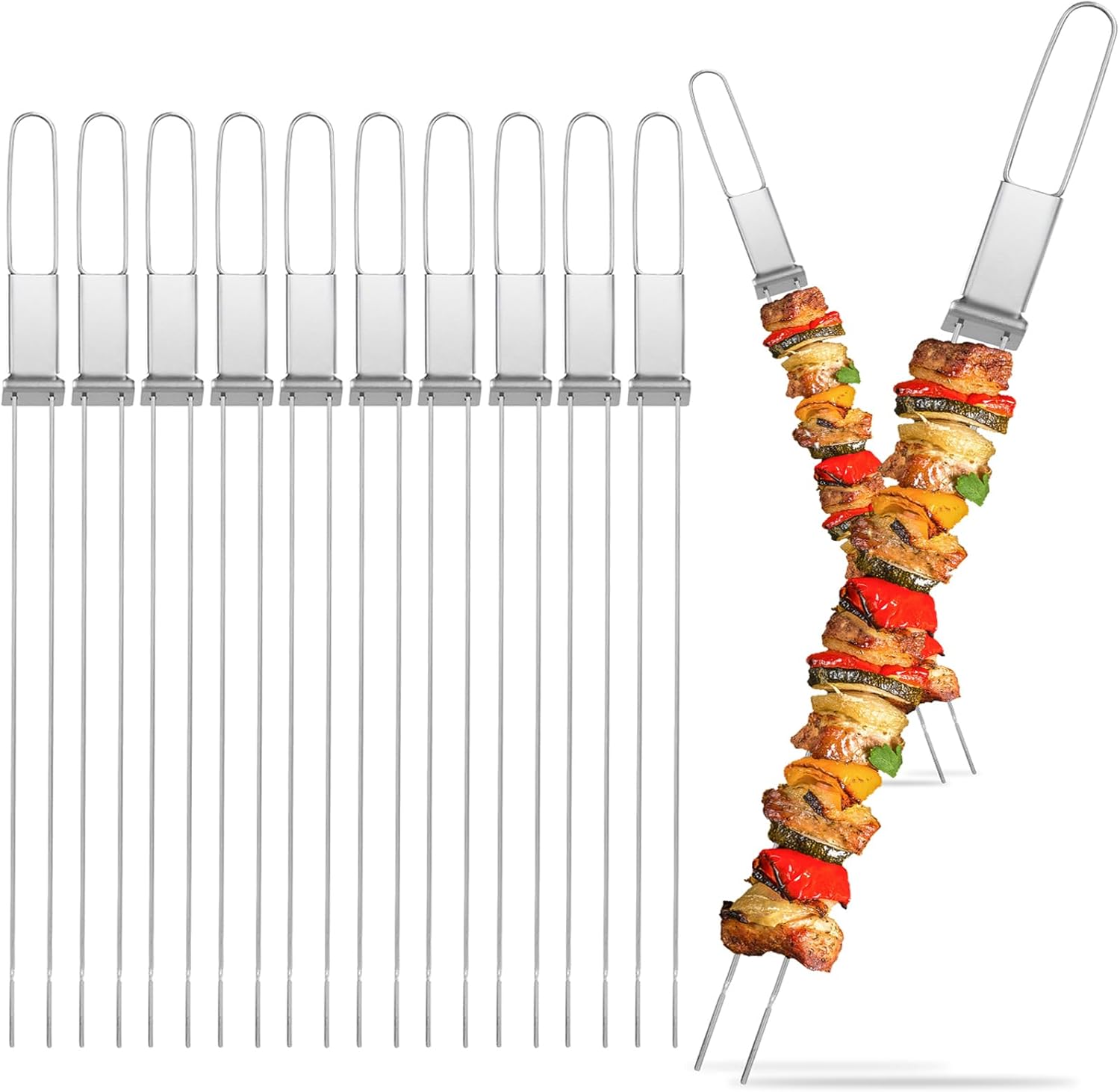 Metal Skewers for Kabobs - 17" 10 Pack Kabob Skewers with Push Bar Double Pronged Anti-Roll Flat BBQ Skewer for Grilling Stainless Steel Reusable Kebab Skewer for Meat Shrimp Chicken Veggie