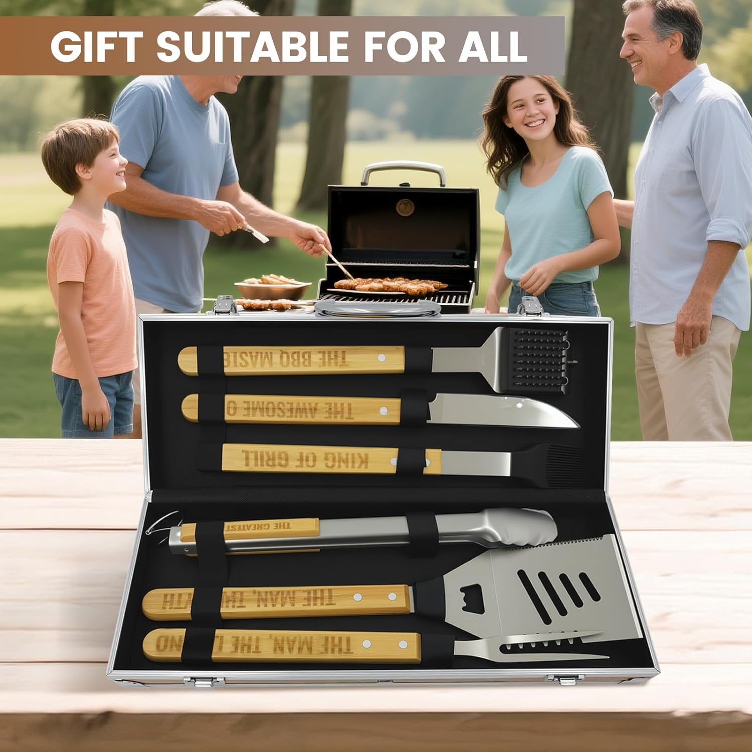 Grill Tool Set, Wooden Grilling Accessories, Heavy Duty Stainless Steel BBQ Grill Tools Set for Outdoor Grill with Spatula, Tongs Aluminum Case for Camping Backyard Barbecue, Grill Set for Men Women