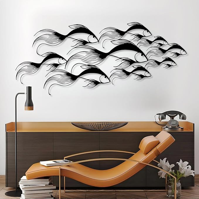 School of Fish Metal Wall Art, Metal Fish Wall Decor, Sea Life Wall Art, Large Nautical Wall Hanging, Modern Beach House Wall Decor, Ocean Themed Artwork for Bathroom (Gold, 35"x15" | 90x38cm)