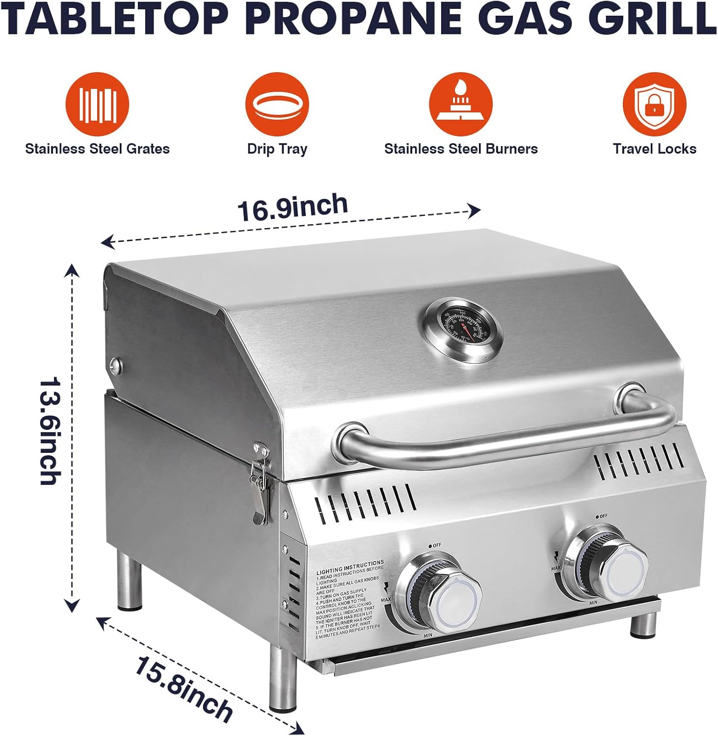 Llamaviva 2 Burners Tabletop Gas Grill, 20,000 BTUs Portable Stainless Steel Propane Grill with Legs for Tailgating, Outdoor Patio Backyard Camping, and RV Trips - food clip