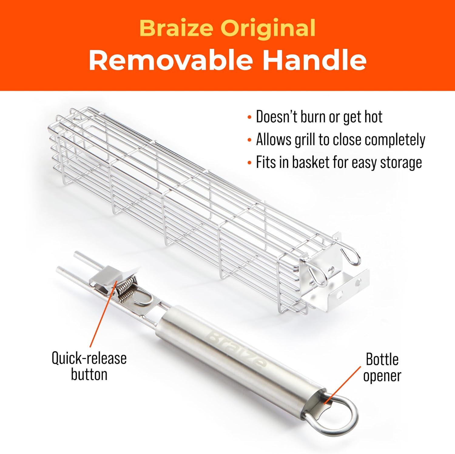 Kabob Grilling Basket Set of 4 with Removable Handle – Stainless Steel Baskets for Grilling Vegetables, Fish & Kabobs – Outdoor BBQ Accessories with Heavy-Duty Scrub Sponge