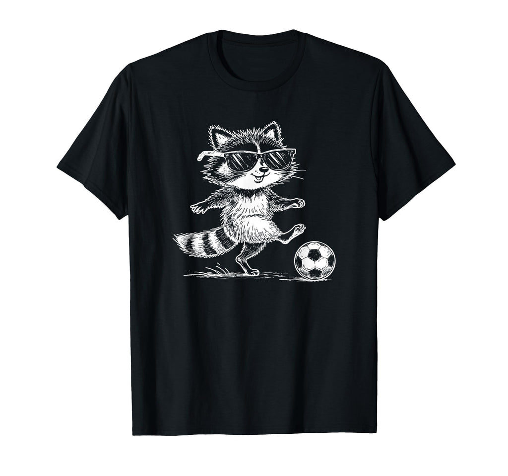 Funny Soccer Raccoon Sunglasses T-Shirt - Novelty Apparel for Adults