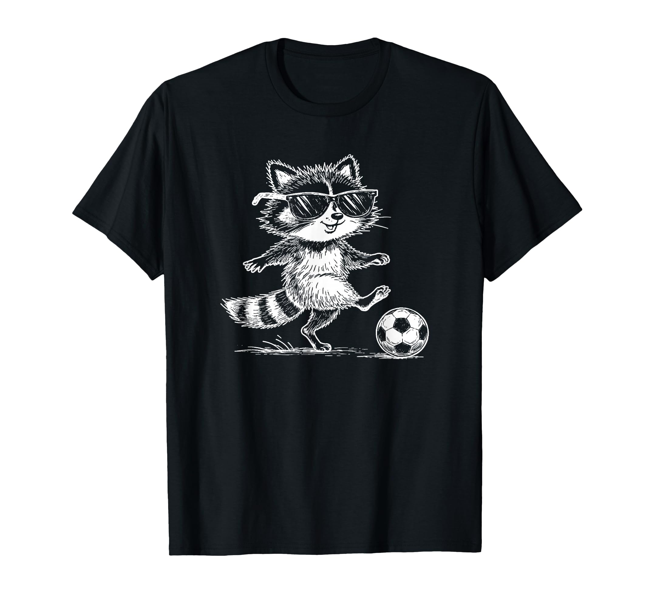 Funny Soccer Raccoon Sunglasses T-Shirt - Novelty Apparel for Adults