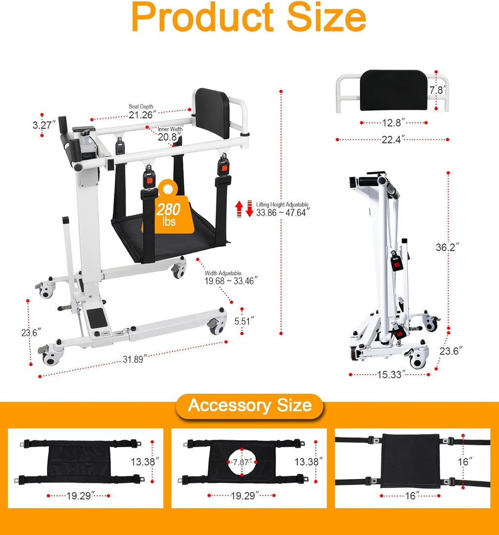 Patient Lift Transfer Chair - Electric Assist Lift Aid for Home Care Use - Portable Folding for Car - Transport Wheelchair for Seniors, Adults & Disabled