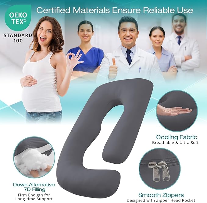 Sasttie Pregnancy Pillows for Sleeping, U Shaped Cooling Full Body Pillow with Removable Cover, Pregnant Women Must Haves, Maternity Essential, Dark Grey