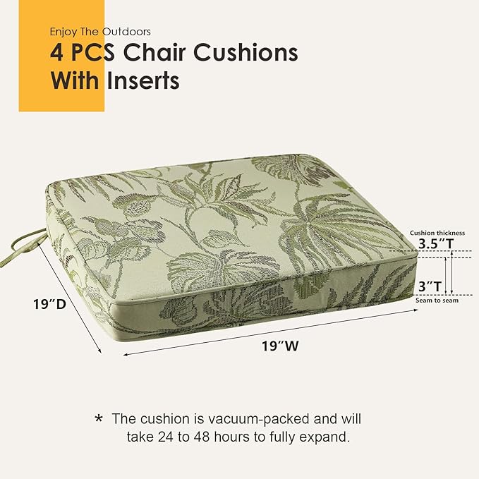 Outdoor Square Corner Seat Cushion, 19"x19"x3", Set of 4, Non Slip Seat Cushion Pads with Removable Cover for Patio Furniture, Garden Yard Lawn, Dark Green Vine