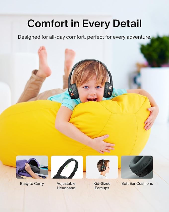Belkin SoundForm Mini Kids Wireless Headphones w/Built-in Microphone, 30H of Playback Time, & Fun Stickers - Over-Ear Headsets for Online Learning, School, Travel, iPhone, iPad, Galaxy & More - Black