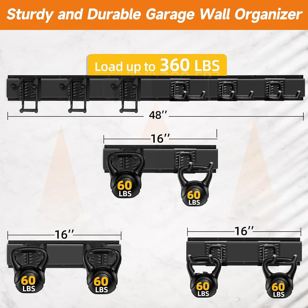 Garden Tool Organizer Wall Mount, Heavy Duty 48 Inches Garage Organization and Storage Racks for Yard Tools with 6 Hooks, Tool Hangers Holders for Hanging Folding Chair, Rake and Shovel