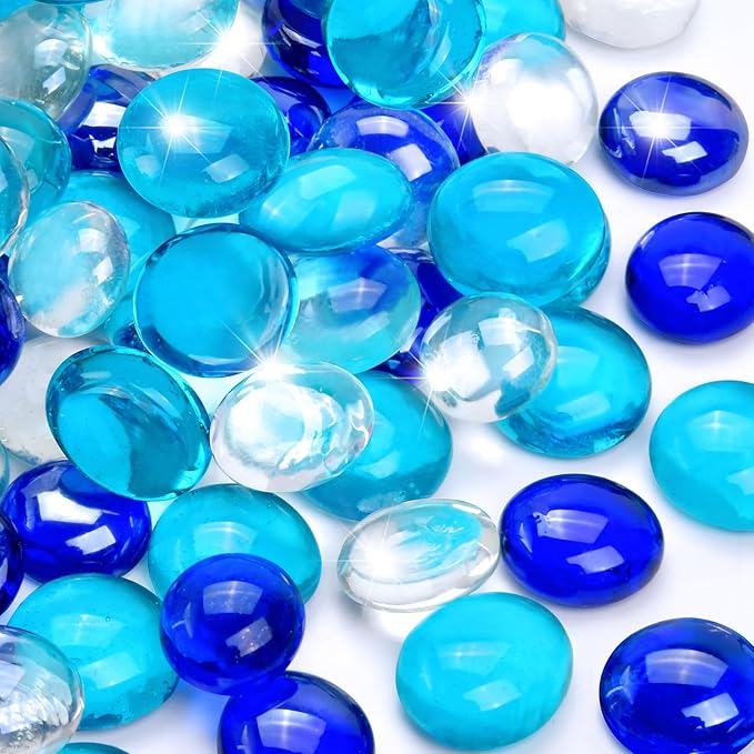 10LB Blue Mix Flat Glass Marbles for Vases, Mancala Stones Gemstone Beads Vase Filler Decorative Glass Pebbles for Fish Tank, DIY Crafts, Aquarium Decor Rocks