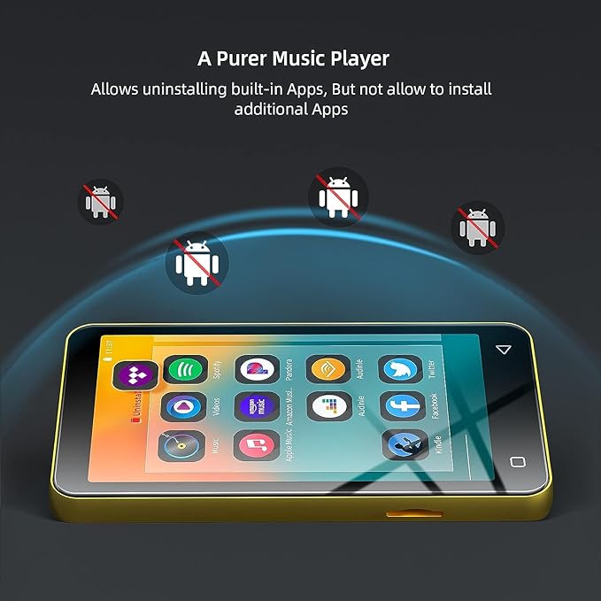 80GB MP3 Player with Bluetooth and WiFi, MP4 MP3 Player with Spotify,Spotify Kids，4" Full Touch Screen with Pandora, Music Player with Audible，Android MP3 with Speaker (Gold_Black)