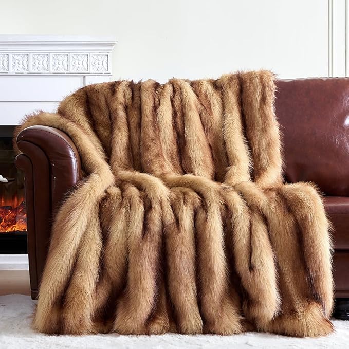 Fluffy Faux Fur Throw Blanket – Super Soft Warm Thick Plush Blanket for Bed, Couch & Office, Cozy Fuzzy Throw with Flannel Backing,50"x60", Brown