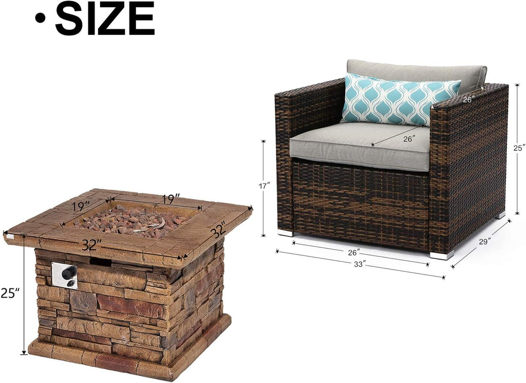COSIEST 5-Piece Faux Brown Propane Fire Pit Outdoor Furniture Brown Chairs, Warm Gray Wicker Thick Cushion Sofa w 32-inch Square Propane Fire Table (50,000 BTU) for Garden, Pool, Backyard