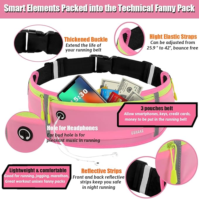 USHAKE Slim Running Belt, Workout Fanny Pack for Men Women,Exercise Waist Pack for Apple iPhone Holder, Runner Belt for Running Walking Cycling Camping Gym