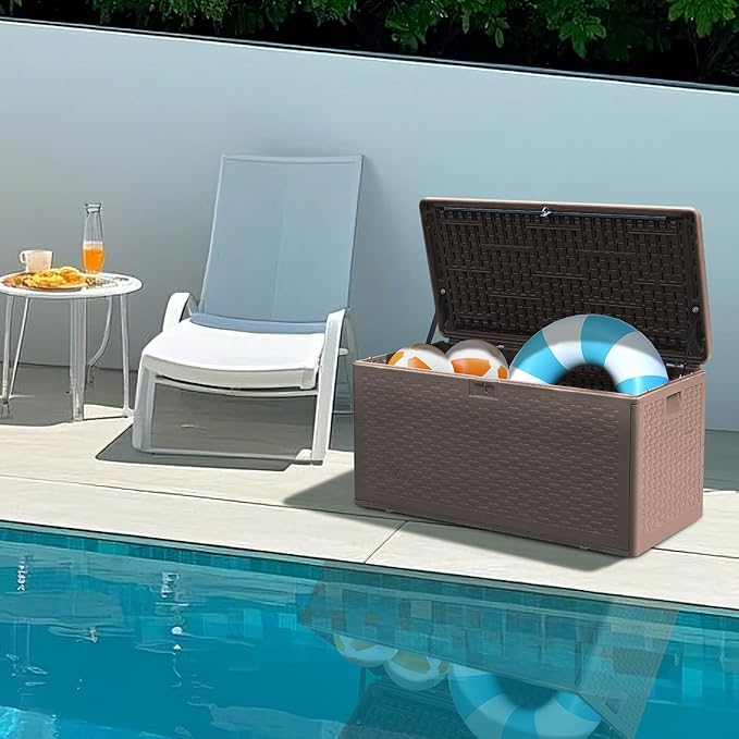 Premium Pro Edition 73 Gallon Lockable Resin Deck Box, Waterproof & UV-Resistant Outdoor Storage Box for Outdoor Cushion Storage, Garden Tools & Pool Accessories Storage, Brown