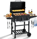 MELLCOM Charcoal Grill with Wood Foldable Side Table - 338 Sq.In BBQ Area with Individual Lifting Charcoal Trays & Thermometer, Movable Charcoal Grill for Outdoor Patio, Garden and Backyard