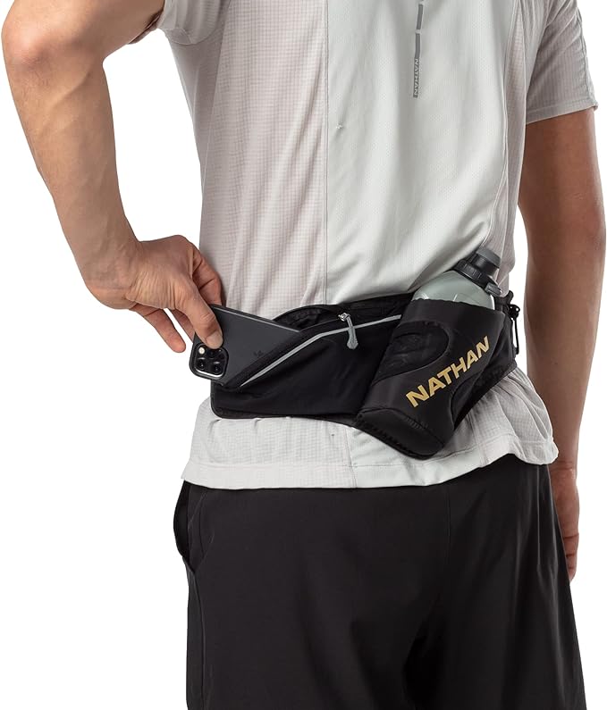 Nathan Peak Running Hydration Waist Pack Belt w/ Speed Draw Flask Water Bottle, 18oz/535 ml Push/Pull Race Cap, Expandable Zippered Stretch Pocket