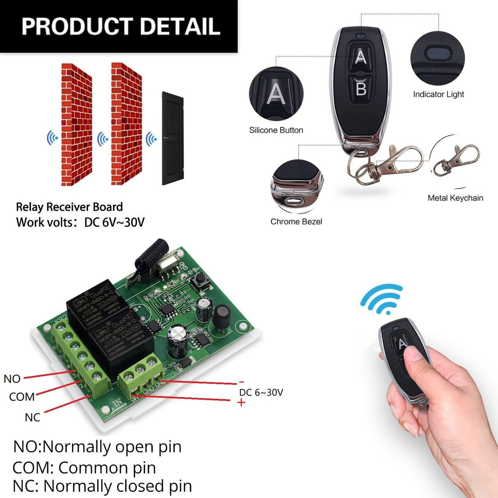 QIACHIP 12V 24V Wireless RF Remote Control Relay Switch Universal 2 Ch 433MHz Receiver Momentary or Toggle Switch with 2 Transmitters for Garage Door Openers LED Lights Motor Curtain