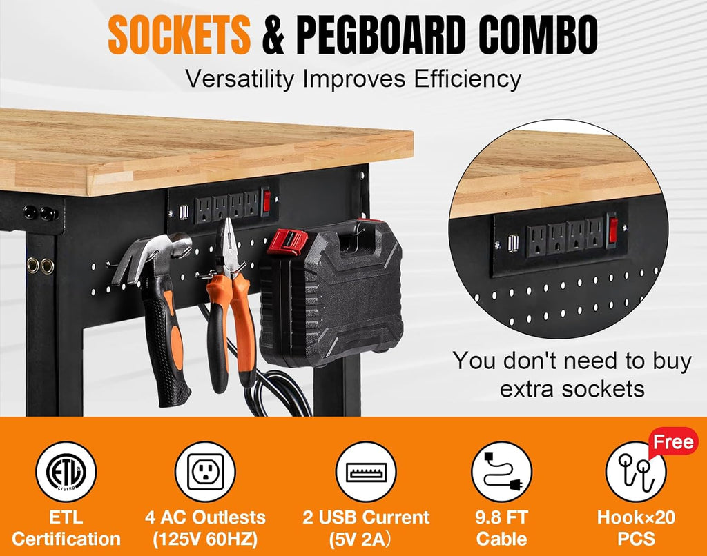 MUWOOD 72” Adjustable Height Workbench, 5000 LBS Heavy Duty Table Rubber Wood Workstation with Power Outlet & Pegboard for Garage, Office, Workshop, Home,Commercial