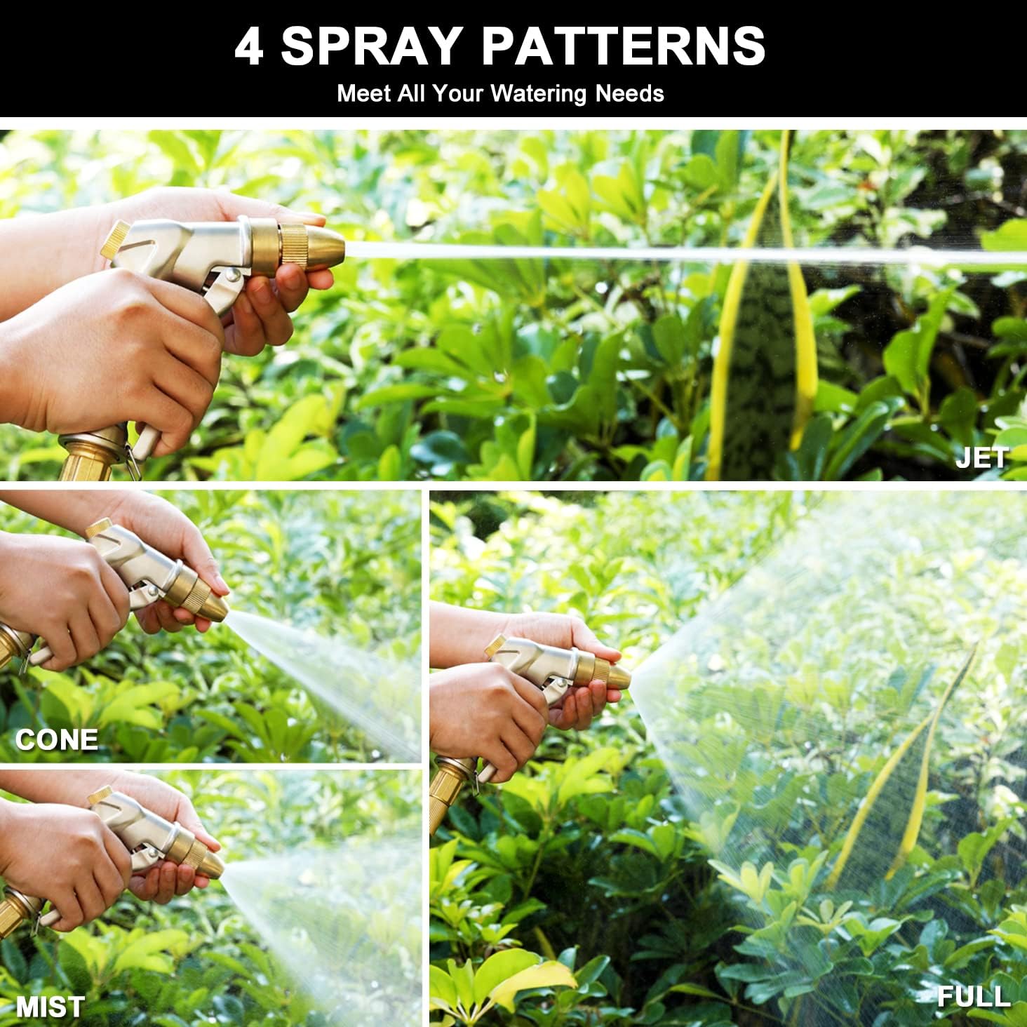 ESOW Heavy Duty Metal Garden Hose Nozzle, High Pressure Water Hose Nozzle with 4 Spray Patterns Rotating, Ideal for Outdoor Lawn & Garden Watering, Car & Pet Washing, Silver