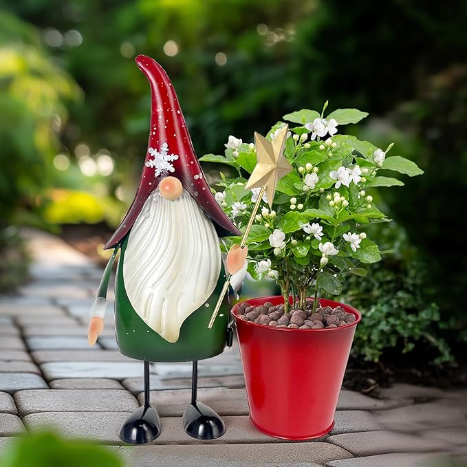 HONGLAND Outdoor Decorations Metal Gnome Yard Art Garden Gnomes Statue 13 Inch Santa Figurine, Succulent Flower Pot, Fun Metal Planter