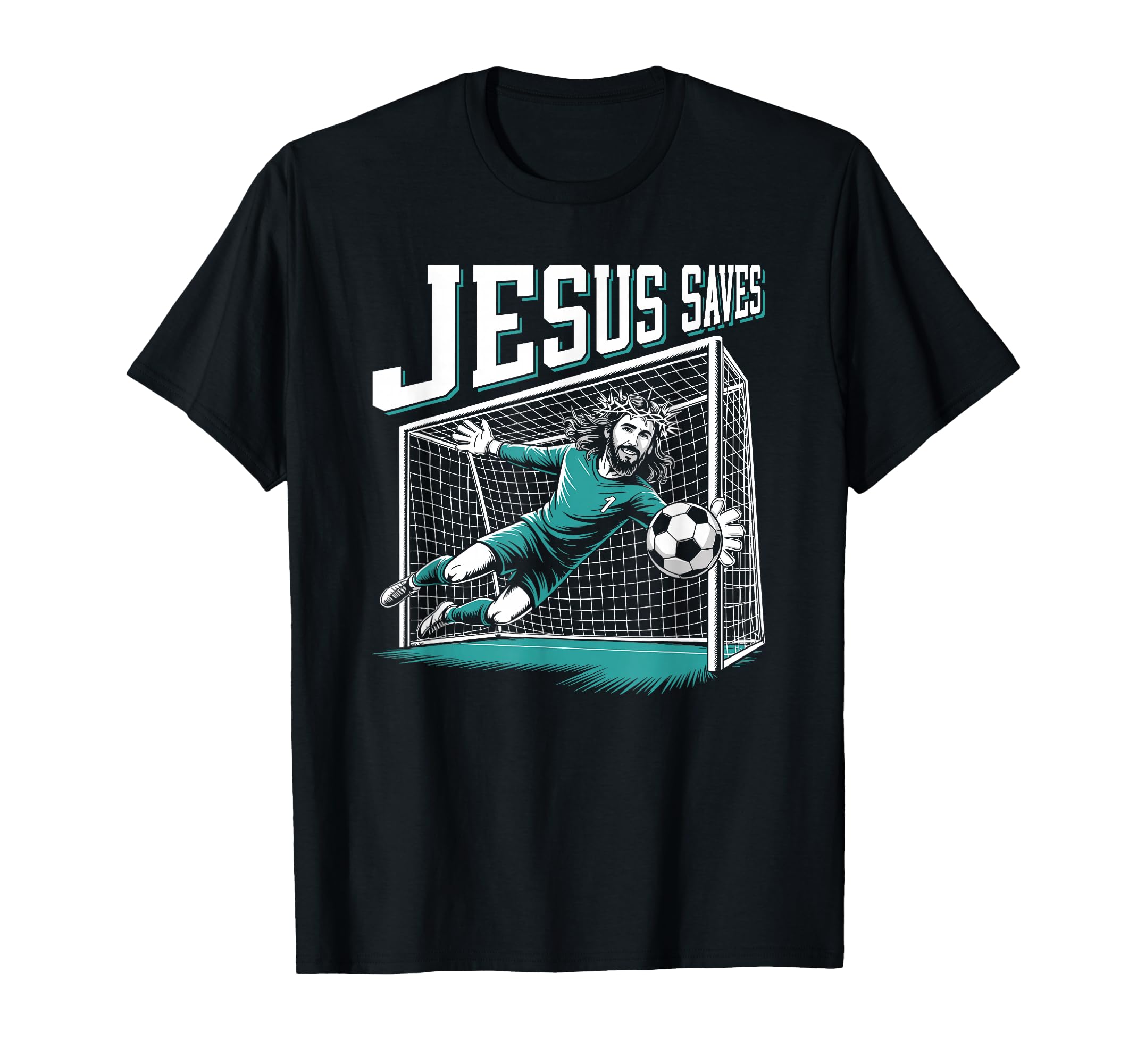 Jesus Saves Soccer Goalie T-Shirt - Casual Everyday Wear for Adults