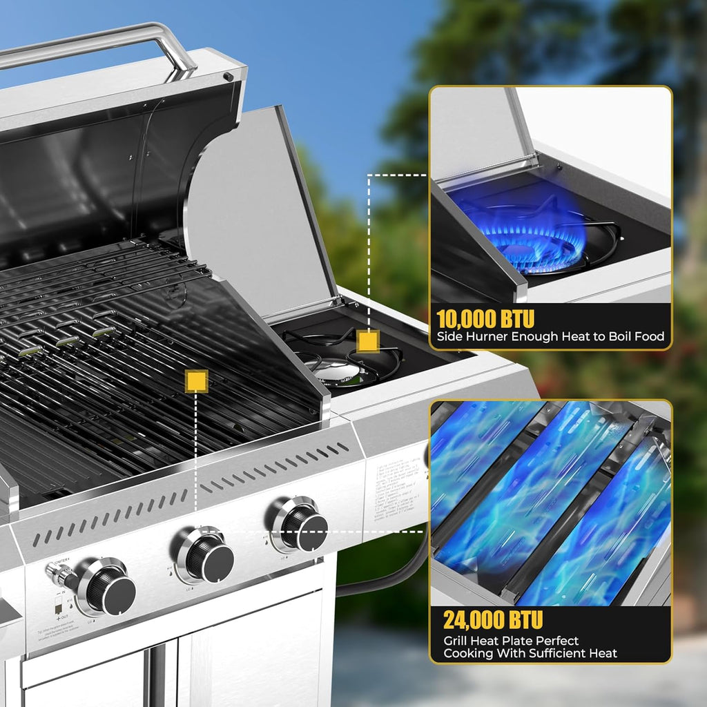 R.W.FLAME 3-Burner Propane Gas Grill With Sider Burner,304 Stainless Steel Propane Grill 34,000BTU,Multifunction & Protable Outdoor Barbecue Grill with Casters for Camping & Parties
