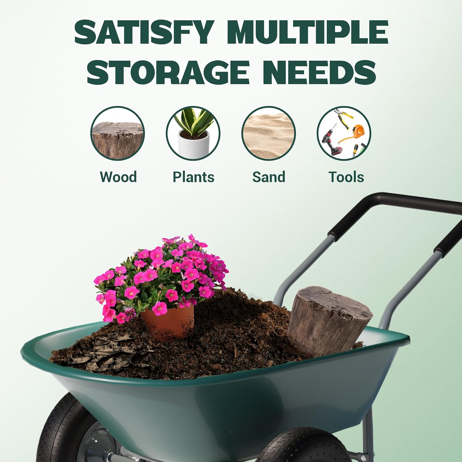 Idzo 2-Wheel Heavy-Duty Wheelbarrow Cart, 330 lb Capacity, Ergonomic Padded Handle and 14 Inch Pneumatic Tires for Maximum Stability, Ideal Wagon for Moving Soil, Shrubs, Plants, Easy Assembly