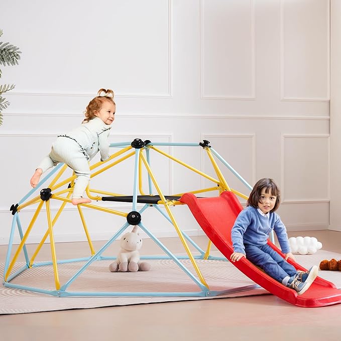 VEVOR Climbing Dome, 8FT Geometric Dome Climber with Slide, Jungle Gym Supports 600LBS and Easy Assembly for Kids 3 to 9 Years Old, with Climbing Grip, Outdoor and Indoor Play Equipment for Kids