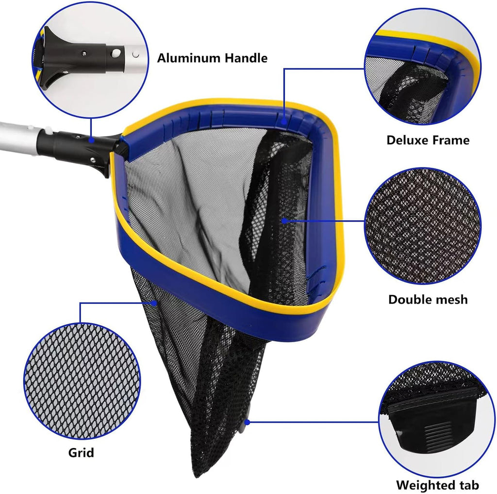 Poolvio Pool Deep Skimmer Net with 3ft - 10ft 1.0mm Thick Adjustable Aluminum Pole & Fine Mesh Bag Leaf Skimmer Rake Net for Above Ground & Inground Swimming Pools, Removes All Debris