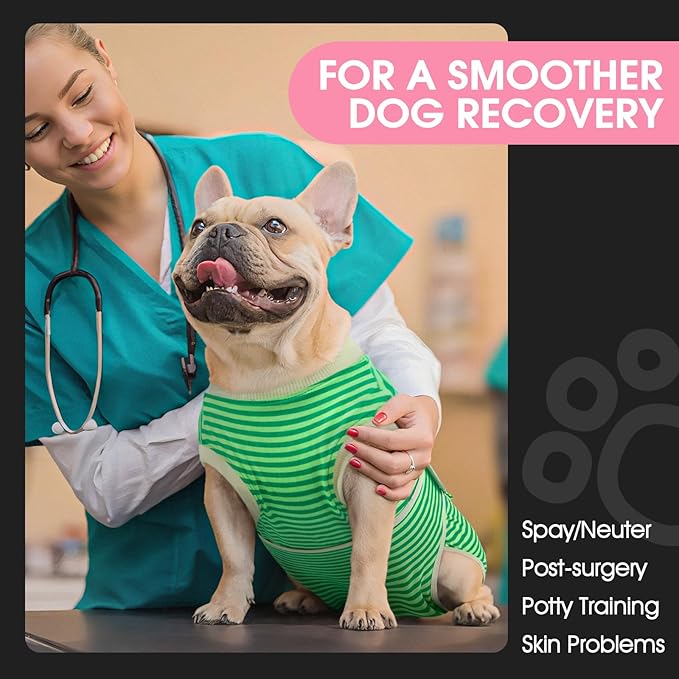FUAMEY Dog Recovery Suit Male,Dogs Surgery Neuter Suits Puppy Spay Shirts for Female Protect Dog's Skin Anti Licking Abdominal Wounds Doggie Onesie Pet Bodysuit Alternative to Cone Green Stripes XXL