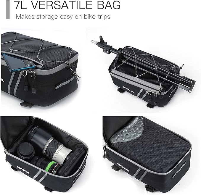 JXFUKAL Rear Bike Rack Bag with Rain Cover, 7L/9L/10L/12L Waterproof Bicycle Ebike Saddle Bag Cycling Pannier Trunk Carrier with Reflector & Adjustable Cord for Commuter Travel Outdoor