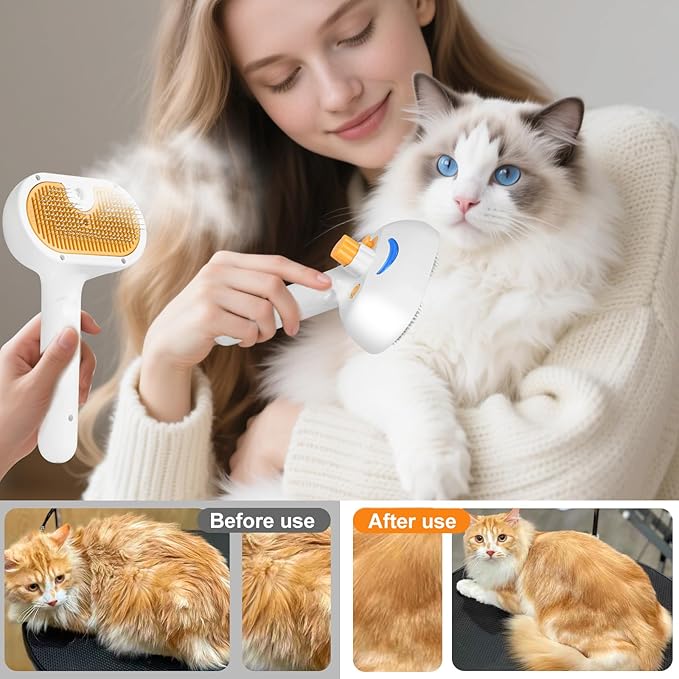 Pet Steam Brush for Dogs and Cats – 3-in-1 Pet Grooming Tool, Spray Portable Design, Suitable for Home and Travel, Ideal for Medium & Long-Haired Pets, Includes 1*Waterless Shampoo, Yellow